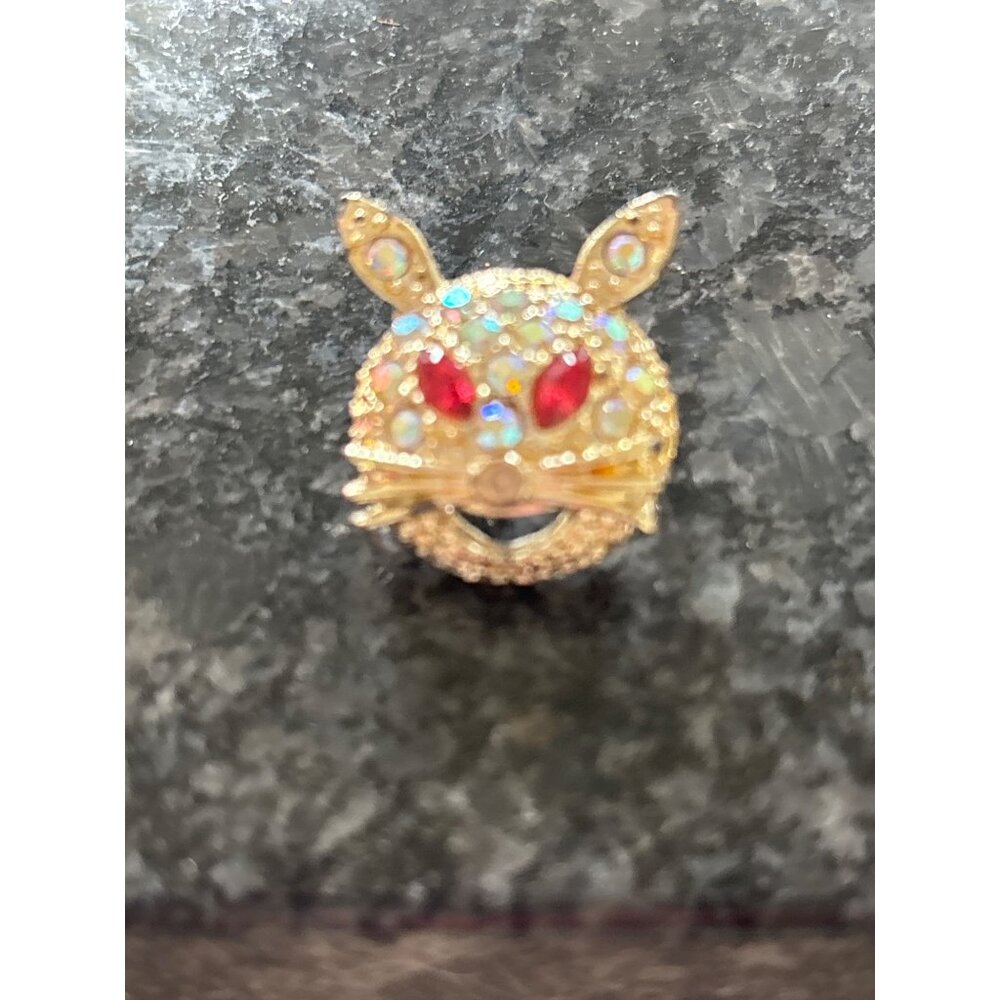 Gold-Tone Rabbit Face or Cat Brooch With Rhinestones & Red Gem Eyes Sparkles